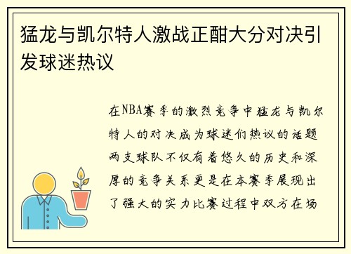 猛龙与凯尔特人激战正酣大分对决引发球迷热议